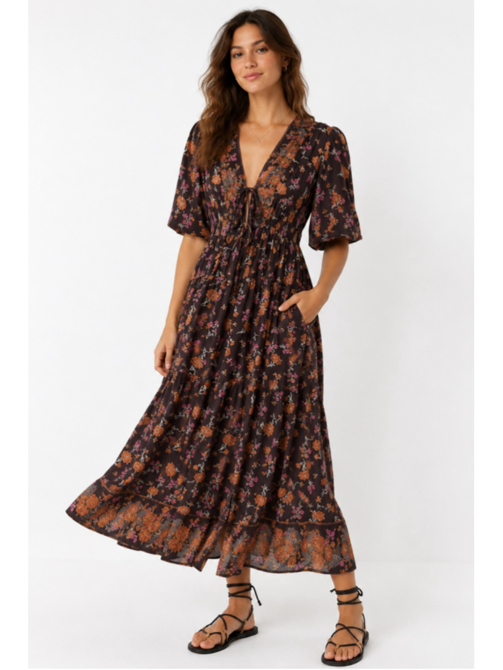 Free People S/P Floral Boho Maxi Dress Deep V Smocked Waist Brown